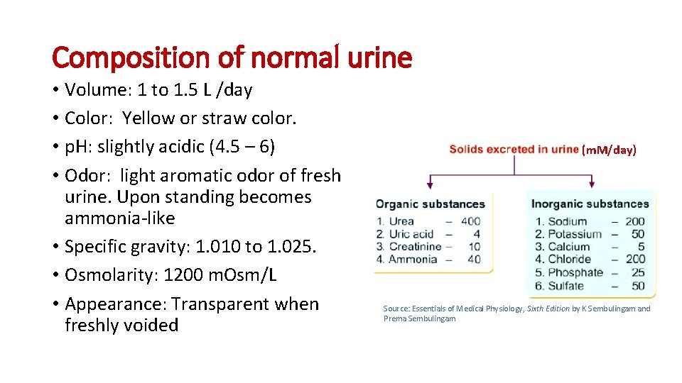 Composition of normal urine • Volume: 1 to 1. 5 L /day • Color:
