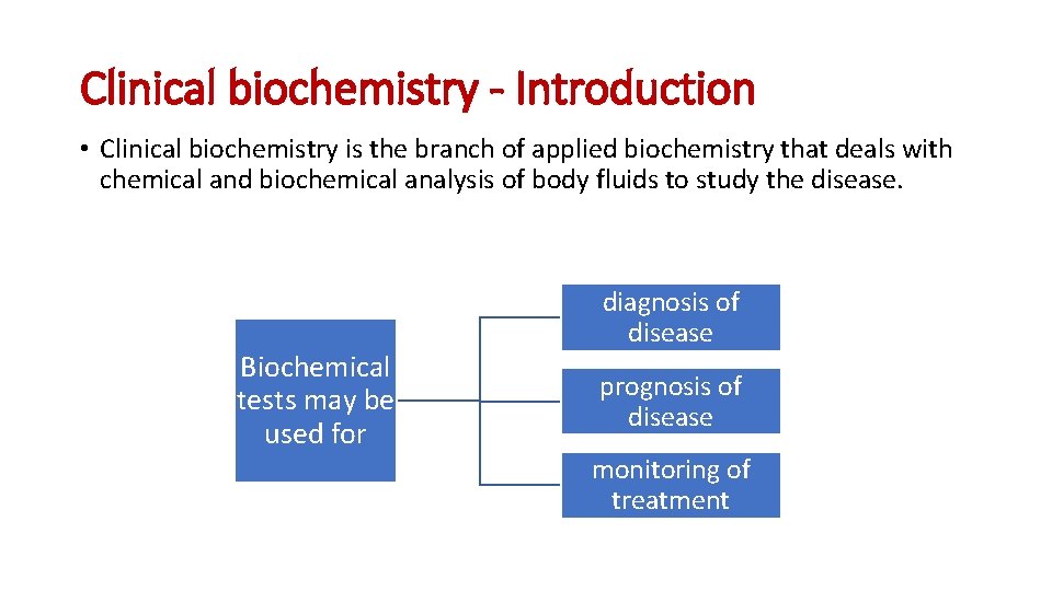 Clinical biochemistry - Introduction • Clinical biochemistry is the branch of applied biochemistry that
