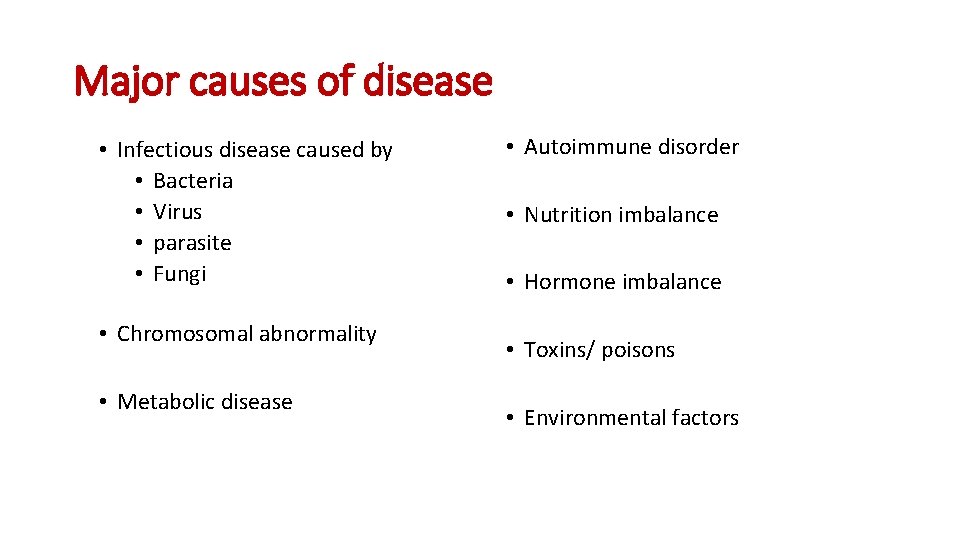 Major causes of disease • Infectious disease caused by • Bacteria • Virus •