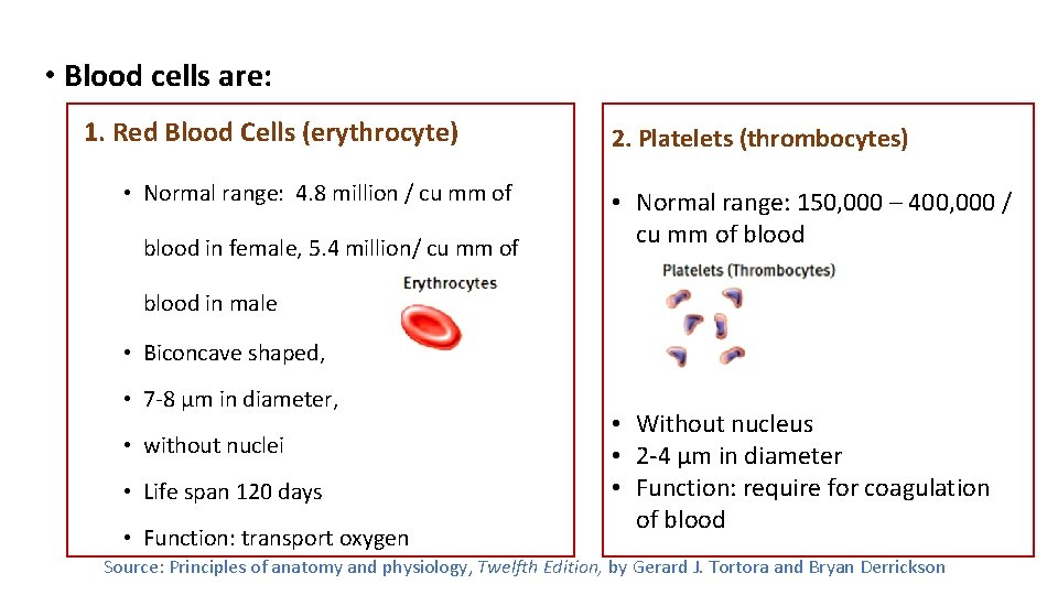  • Blood cells are: 1. Red Blood Cells (erythrocyte) • Normal range: 4.