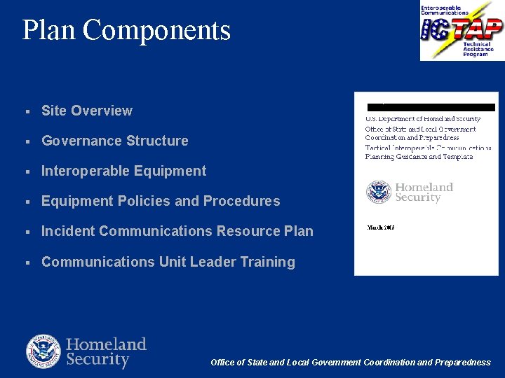 Plan Components § Site Overview § Governance Structure § Interoperable Equipment § Equipment Policies