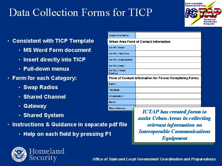 Data Collection Forms for TICP • Consistent with TICP Template • MS Word Form