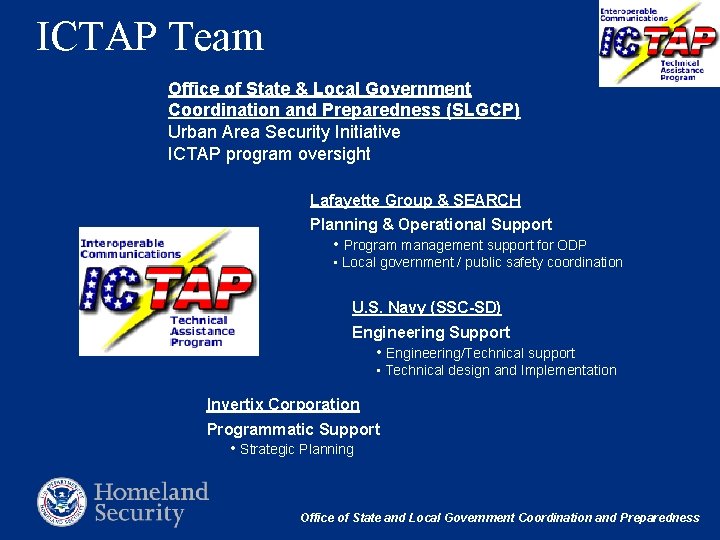 ICTAP Team Office of State & Local Government Coordination and Preparedness (SLGCP) Urban Area