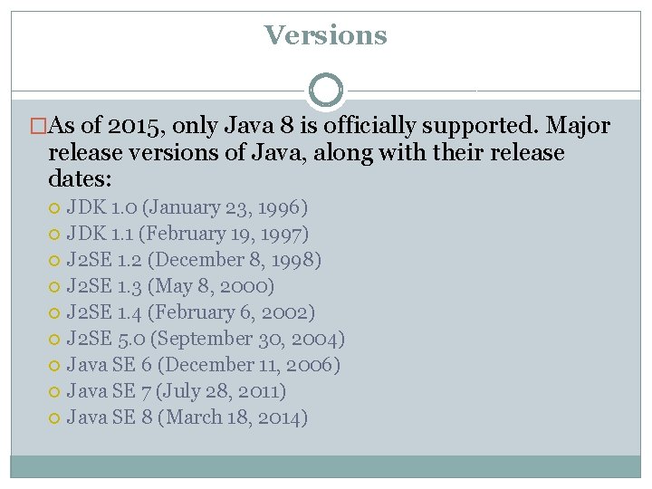 Versions �As of 2015, only Java 8 is officially supported. Major release versions of