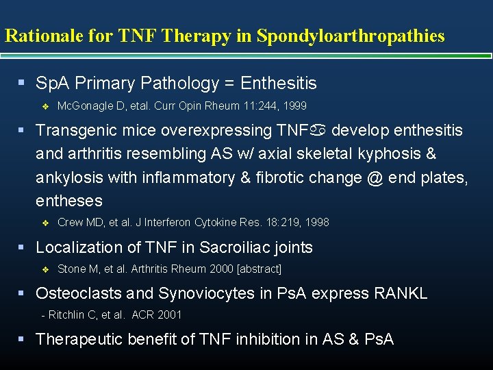 Rationale for TNF Therapy in Spondyloarthropathies § Sp. A Primary Pathology = Enthesitis v