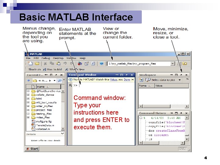 Basic MATLAB Interface Command window: Type your instructions here and press ENTER to execute Basic MATLAB Interface Command window: Type your instructions here and press ENTER to execute