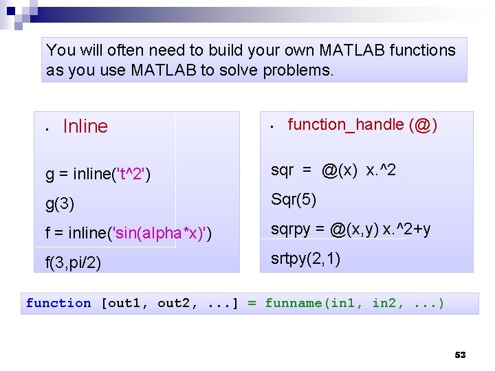 You will often need to build your own MATLAB functions as you use MATLAB You will often need to build your own MATLAB functions as you use MATLAB