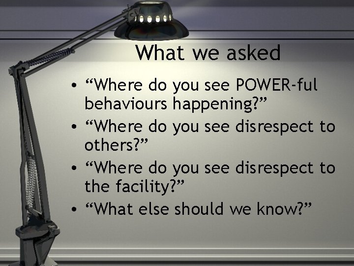 What we asked • “Where do you see POWER-ful behaviours happening? ” • “Where