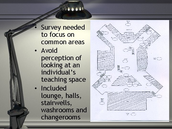  • Survey needed to focus on common areas • Avoid perception of looking