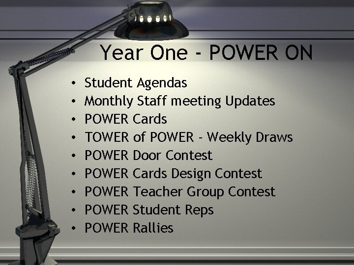 Year One - POWER ON • • • Student Agendas Monthly Staff meeting Updates