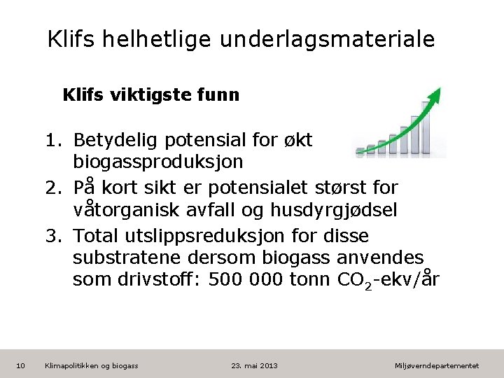 Klifs helhetlige underlagsmateriale Klifs viktigste funn 1. Betydelig potensial for økt biogassproduksjon 2. På