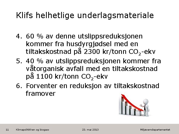 Klifs helhetlige underlagsmateriale 4. 60 % av denne utslippsreduksjonen kommer fra husdyrgjødsel med en