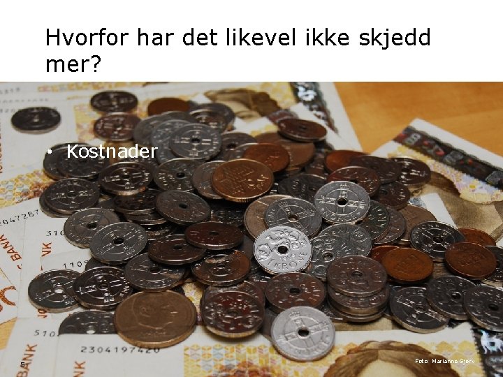 Hvorfor har det likevel ikke skjedd mer? • Kostnader 5 Foto: Marianne Gjørv Miljøverndepartementet