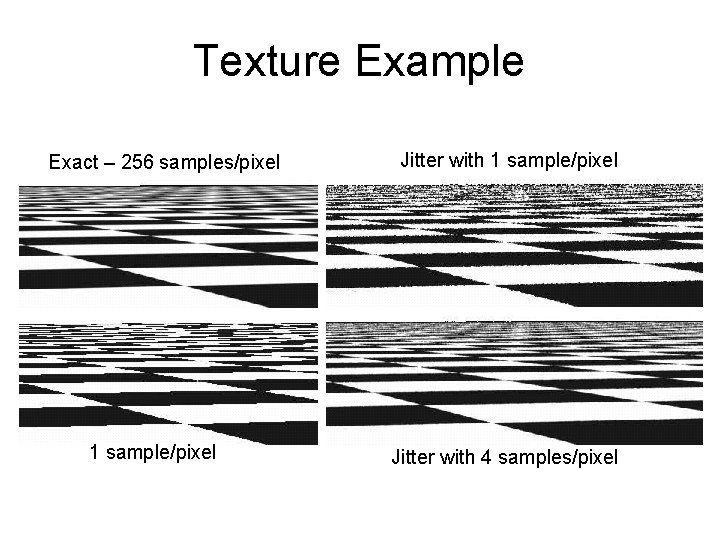 Texture Example Exact – 256 samples/pixel 1 sample/pixel Jitter with 4 samples/pixel 