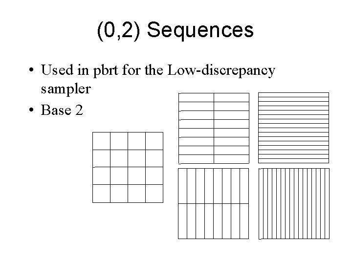 (0, 2) Sequences • Used in pbrt for the Low-discrepancy sampler • Base 2
