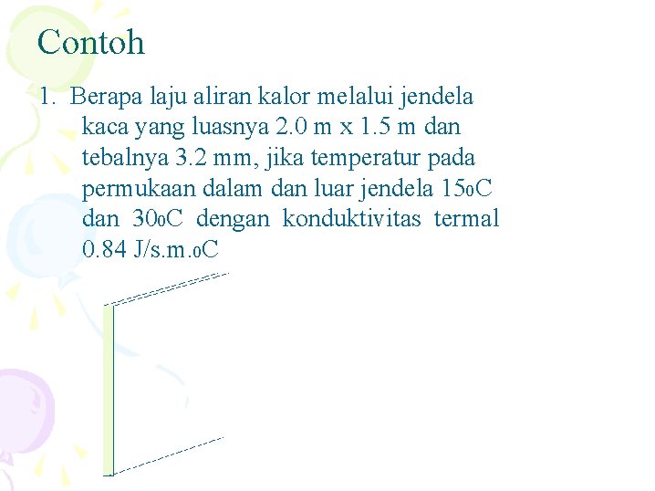 Contoh 1. Berapa laju aliran kalor melalui jendela kaca yang luasnya 2. 0 m