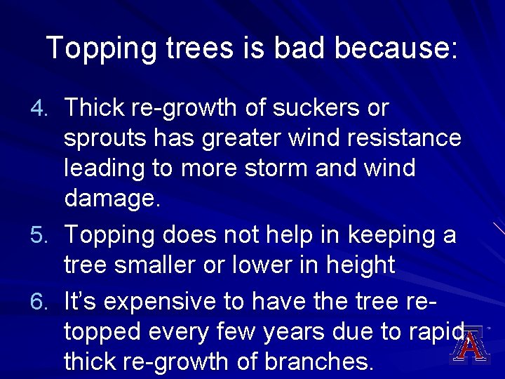 Topping trees is bad because: 4. Thick re-growth of suckers or sprouts has greater
