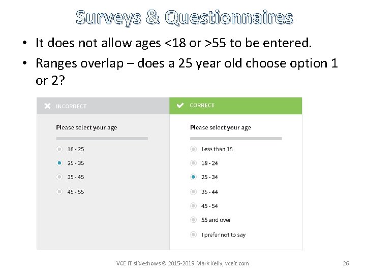 Surveys & Questionnaires • It does not allow ages <18 or >55 to be