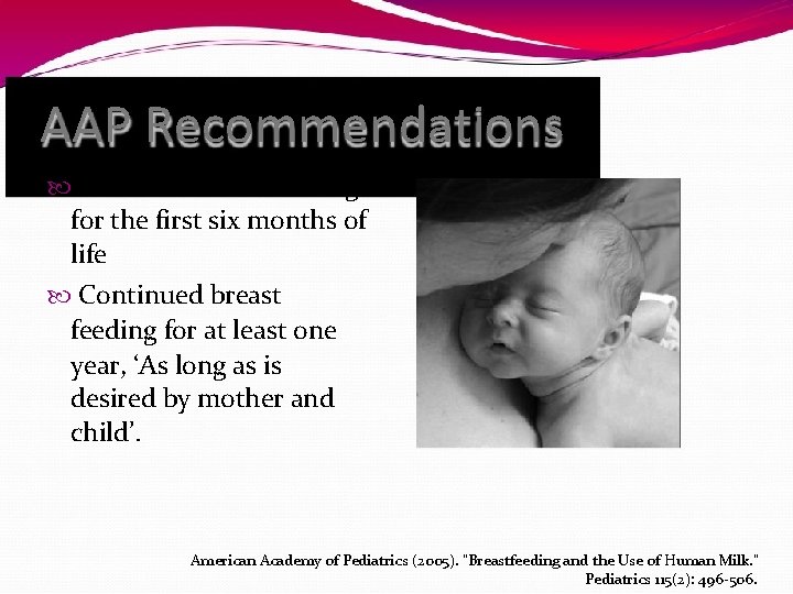 AAP Recommendations Exclusive breast feeding for the first six months of life Continued breast