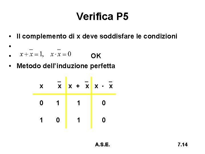 Verifica P 5 • Il complemento di x deve soddisfare le condizioni • •