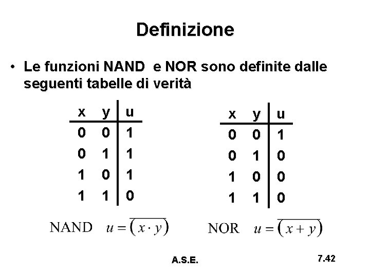 Definizione • Le funzioni NAND e NOR sono definite dalle seguenti tabelle di verità