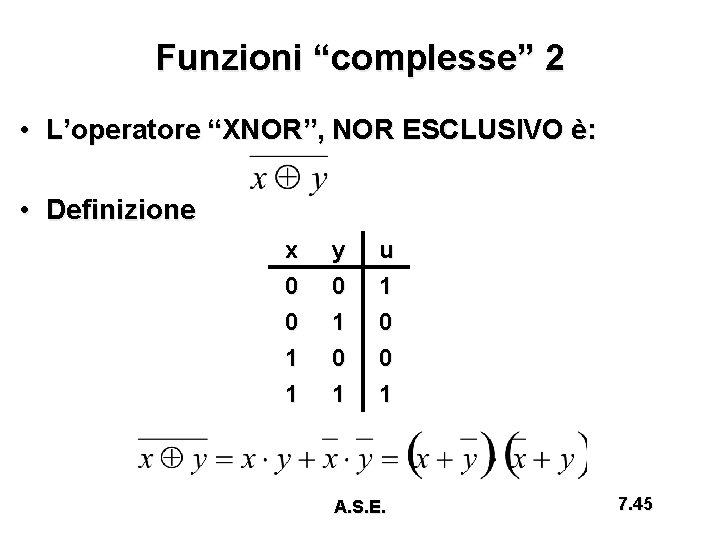 Funzioni “complesse” 2 • L’operatore “XNOR”, NOR ESCLUSIVO è: • Definizione x 0 0