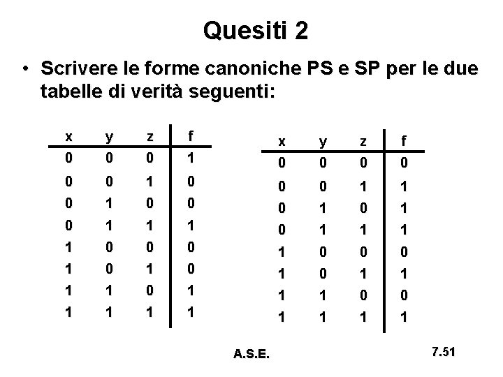 Quesiti 2 • Scrivere le forme canoniche PS e SP per le due tabelle