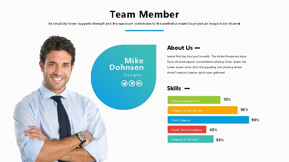 Team Member he simplicity lorem suggests strength and the spaciousn contributes to the aesthetics