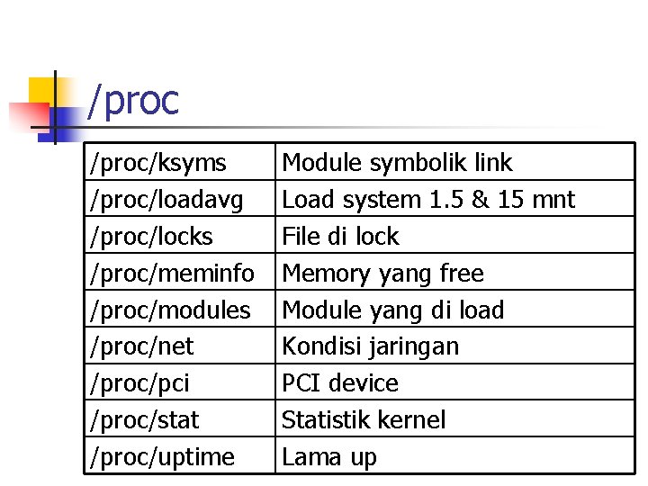 /proc/ksyms /proc/loadavg /proc/locks /proc/meminfo /proc/modules /proc/net /proc/pci /proc/stat /proc/uptime Module symbolik link Load system
