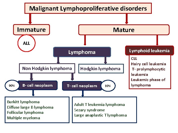 Malignant Lymphoproliferative disorders Immature Mature ALL Lymphoid leukemia Lymphoma Non Hodgkin lymphoma 90% B-