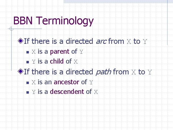 BBN Terminology If there is a directed arc from X to Y n n