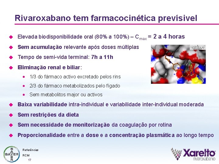 Rivaroxabano tem farmacocinética prevísivel u Elevada biodisponibilidade oral (80% a 100%) – Cmax =