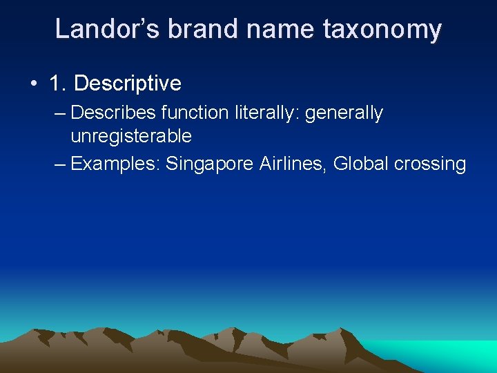 Landor’s brand name taxonomy • 1. Descriptive – Describes function literally: generally unregisterable –