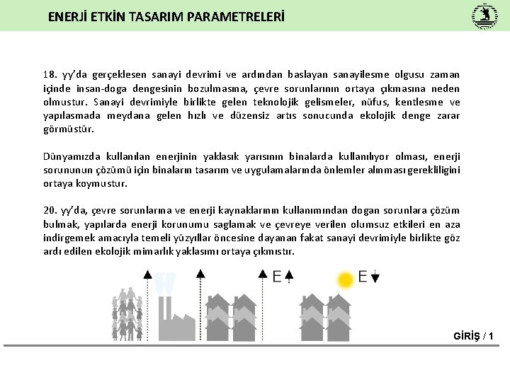 ENERJİ ETKİN TASARIM PARAMETRELERİ 18. yy’da gerçeklesen sanayi devrimi ve ardından baslayan sanayilesme olgusu