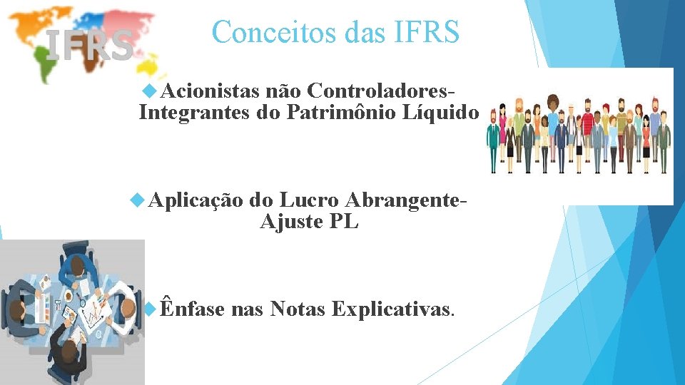 Conceitos das IFRS Acionistas não Controladores. Integrantes do Patrimônio Líquido Aplicação Ênfase do Lucro