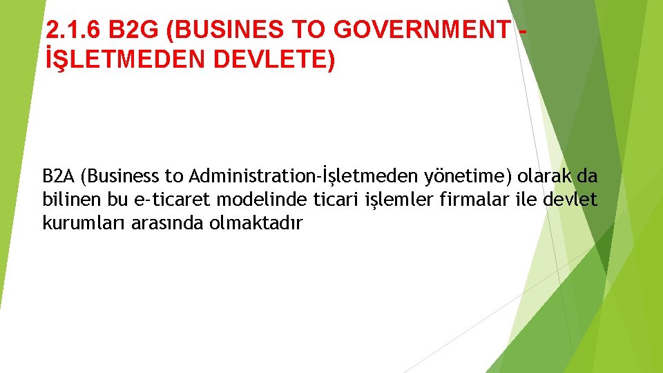 2. 1. 6 B 2 G (BUSINES TO GOVERNMENT İŞLETMEDEN DEVLETE) B 2 A