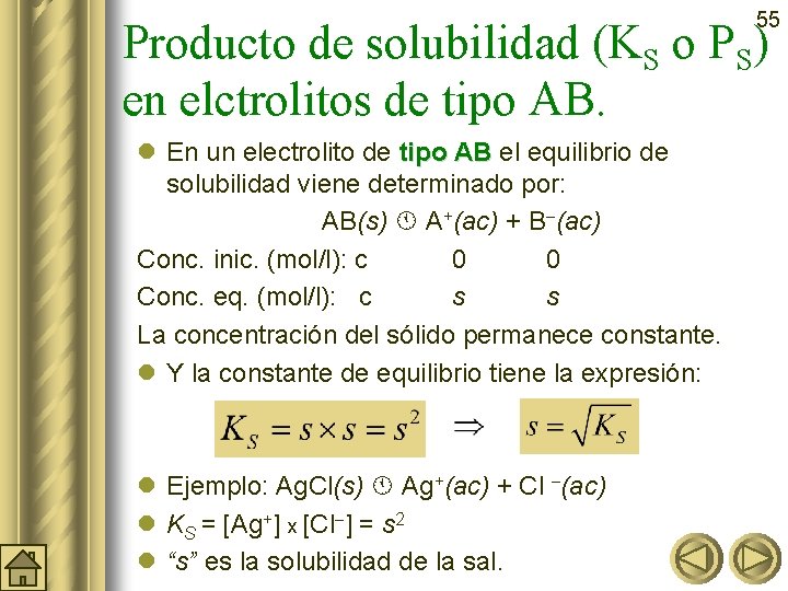 55 Producto de solubilidad (KS o PS) en elctrolitos de tipo AB. l En