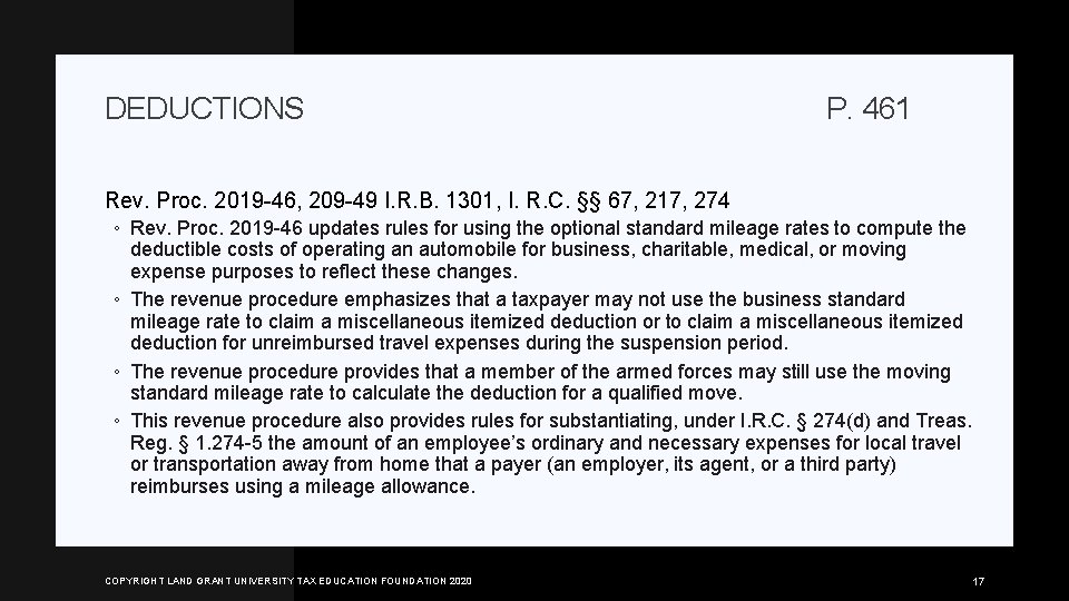 DEDUCTIONS P. 461 Rev. Proc. 2019 -46, 209 -49 I. R. B. 1301, I.