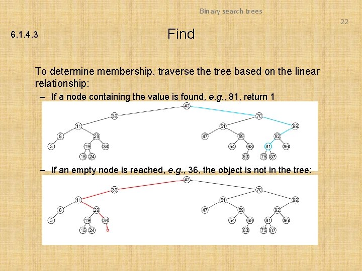 Binary search trees 22 6. 1. 4. 3 Find To determine membership, traverse the Binary search trees 22 6. 1. 4. 3 Find To determine membership, traverse the