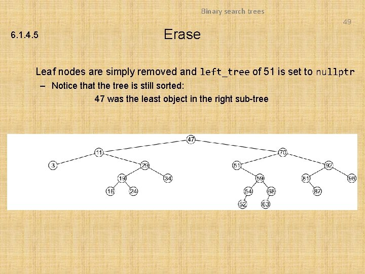 Binary search trees 49 6. 1. 4. 5 Erase Leaf nodes are simply removed Binary search trees 49 6. 1. 4. 5 Erase Leaf nodes are simply removed