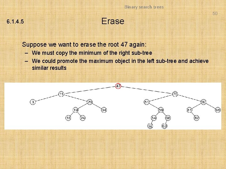 Binary search trees 50 6. 1. 4. 5 Erase Suppose we want to erase Binary search trees 50 6. 1. 4. 5 Erase Suppose we want to erase