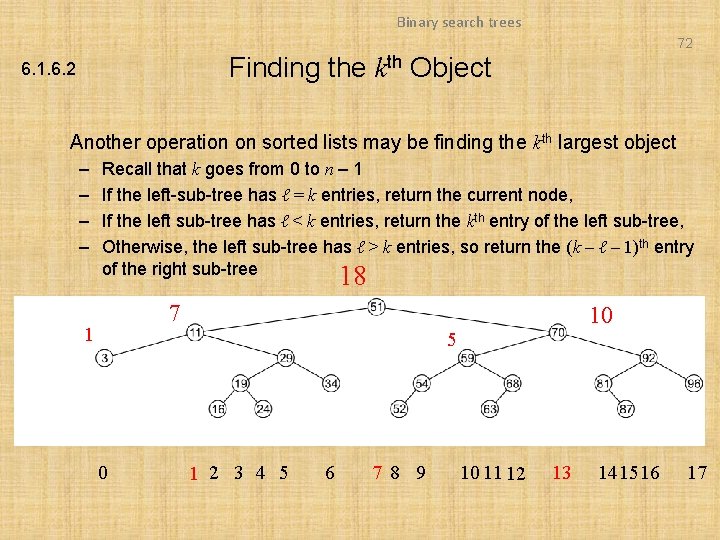 Binary search trees 72 Finding the kth Object 6. 1. 6. 2 Another operation Binary search trees 72 Finding the kth Object 6. 1. 6. 2 Another operation