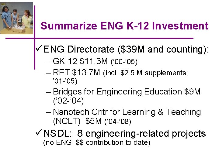 Summarize ENG K-12 Investment ü ENG Directorate ($39 M and counting): – GK-12 $11.
