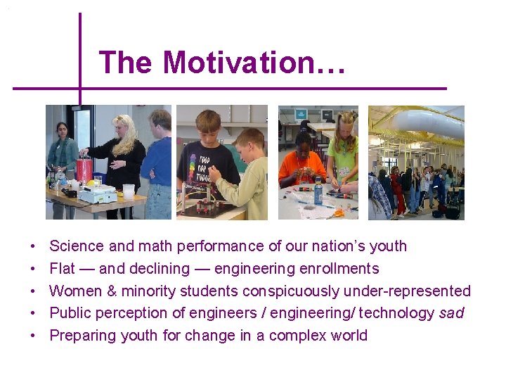 The Motivation… • • • Science and math performance of our nation’s youth Flat