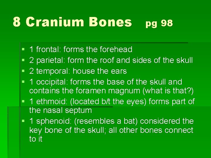 8 Cranium Bones § § pg 98 1 frontal: forms the forehead 2 parietal: