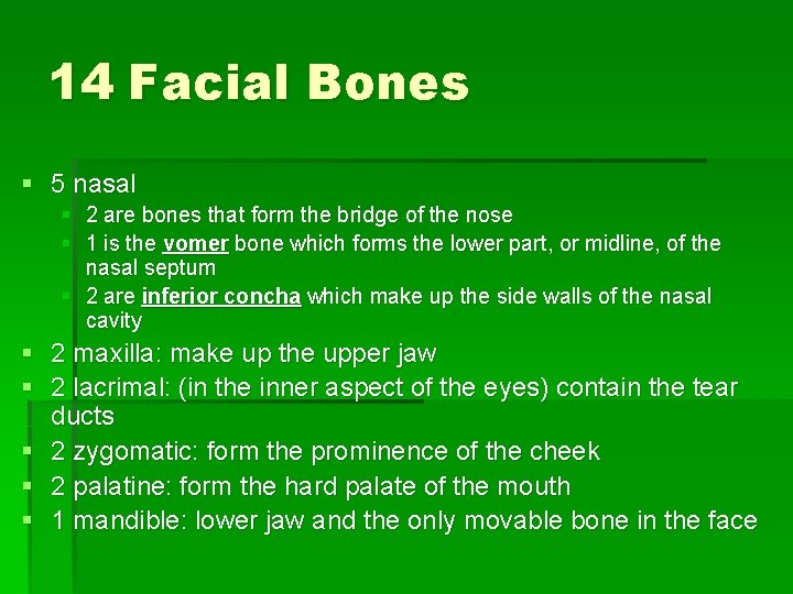 14 Facial Bones § 5 nasal § 2 are bones that form the bridge