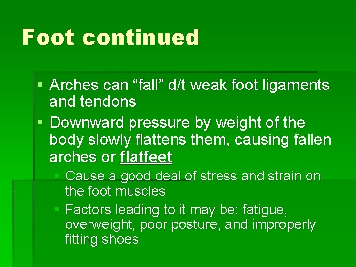 Foot continued § Arches can “fall” d/t weak foot ligaments and tendons § Downward