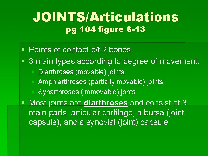 JOINTS/Articulations pg 104 figure 6 -13 § Points of contact b/t 2 bones §