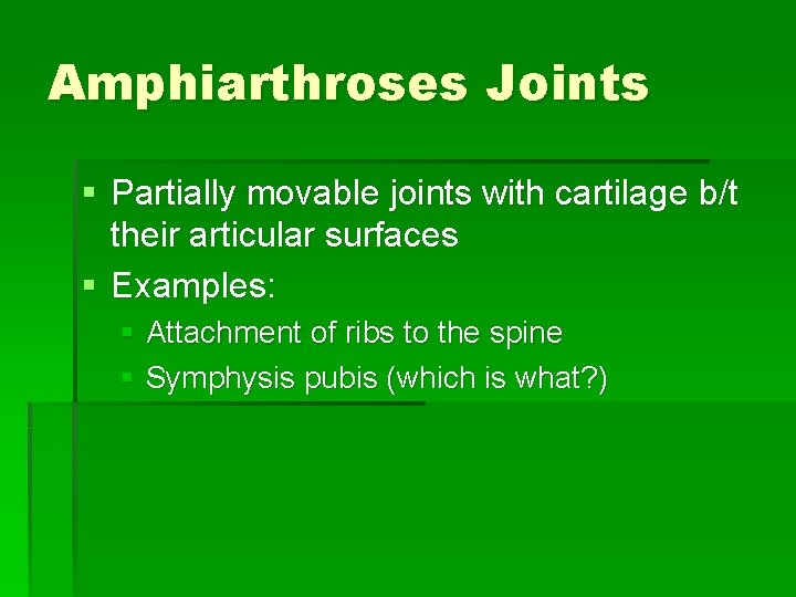 Amphiarthroses Joints § Partially movable joints with cartilage b/t their articular surfaces § Examples: