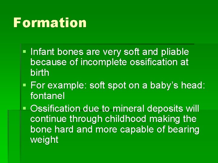 Formation § Infant bones are very soft and pliable because of incomplete ossification at
